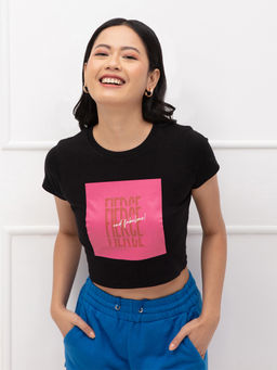 Twenty Dresses by Nykaa Fashion - Black Graphic Print Crew Neck Crop T Shirt