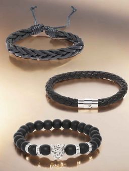OOMPH - Combo Of 3 Black Beads and Leather Bracelet for Men