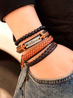 OOMPH - Combo Of 4 Believe Brown and Black Beads and Braided Leather Multi Layer Bracelet
