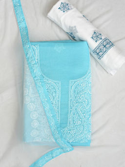 ADA - Blue Cotton Lucknowi Chikankari Unstitched Kurta with Pant and Dupatta