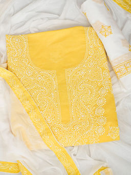 ADA - Yellow Cotton Lucknowi Chikankari Unstitched Kurta with Pant and Dupatta