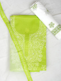ADA - Green Cotton Lucknowi Chikankari Unstitched Kurta with Pant and Dupatta