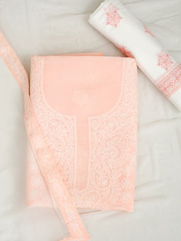ADA - Peach Cotton Lucknowi Chikankari Unstitched Kurta with Pant and Dupatta