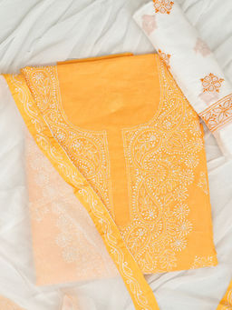 ADA - Mustard Cotton Lucknowi Chikankari Unstitched Kurta with Pant and Dupatta