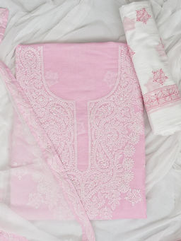 ADA - Pink Cotton Lucknowi Chikankari Unstitched Kurta with Pant and Dupatta