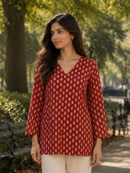 KAFTANIZE - Red Floral Block Printed Short Kurti