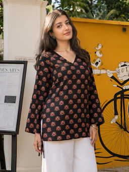 KAFTANIZE - Black Floral Block Printed Short Kurti