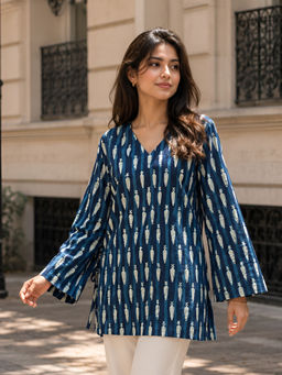 KAFTANIZE - Blue Geometric Block Printed Short Kurti