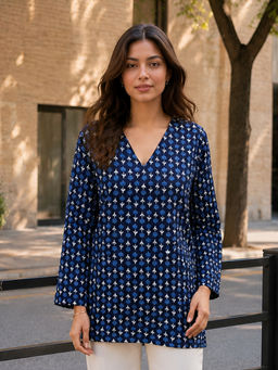 KAFTANIZE - Navy Blue Abstract Block Printed Short Kurti