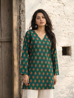 KAFTANIZE - Green Floral Block Printed Short Kurti