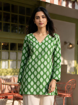 KAFTANIZE - Green Block Printed Short Kurti