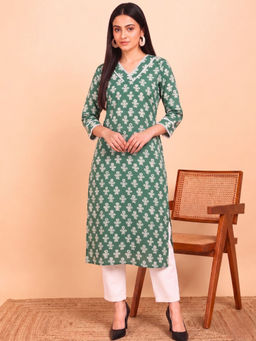 Maaesa - Women Floral Pure Cotton Straight Green Kurta