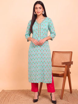Maaesa - Women Floral Pure Cotton Straight Light Blue Kurta