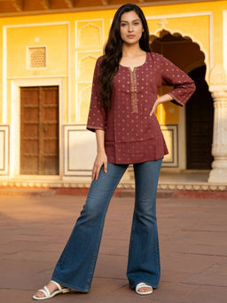 Rangita - Mauve Rayon Printed A-Line Short Length Kurti