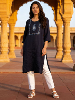 Rangita - Blue Rayon Embroidered Straight Knee Length Kurta
