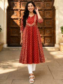 Rangita - Rust Cotton Embroidered Flared Calf Length Kurta
