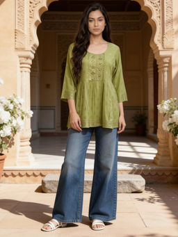 Rangita - Pista Green Rayon Embroidered A-Line Short Length Kurti