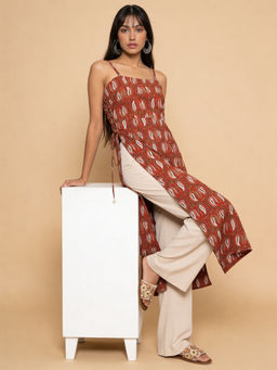 Rangita - Rust Rayon Printed Straight Calf Length Kurti