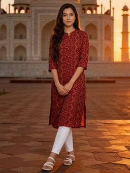 Rangita - Maroon Rayon Printed Straight Calf Length Kurta