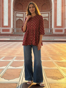 Rangita - Maroon Rayon Printed A-Line Short Length Kurti