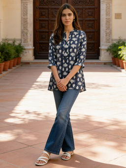 Rangita - Blue Rayon Printed A-Line Short Length Kurti