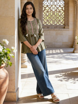 Rangita - Olive Rayon Embroidered A-Line Short Length Kurti