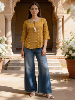 Rangita - Yellow Rayon Embroidered A-Line Short Length Kurti
