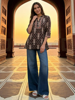 Rangita - Brown Cotton Printed A-Line Short Length Kurti