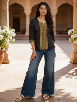 Rangita - Black Cotton Printed A-Line Short Length Kurti