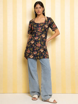 Rangita - Blue Cotton Printed Straight Short Kurti