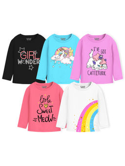 Trampoline - Multi-Color Girls Full Sleeve Cool Vibe Printed T-Shirts (Pack of 5)