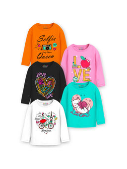 Trampoline - Multi-Color Girls Full Sleeve Big Printed T-Shirts (Pack of 5)