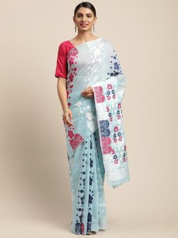 Vastranand - Blue & Pink Woven Design Jamdani Saree with Unstitched Blouse