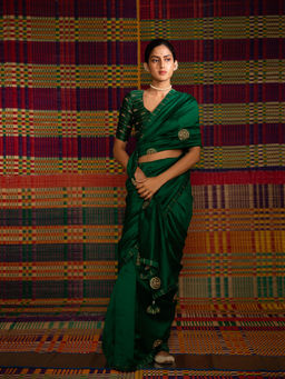 DEEPTHEE - Haritah Green Mandala Hand Embellished Silk Saree with Stitched Blouse