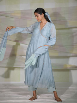 DEEPTHEE - Icy Blue Hand Embellished Kalli Angarkha Kurta with Pant & Dupatta (Set of 3)