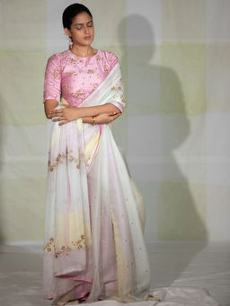 DEEPTHEE - Multi Coloured Hand Embellished Saree with Pink Stitched Blouse