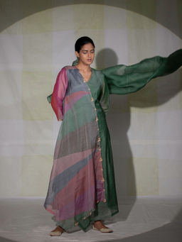 DEEPTHEE - Multi Colour Colorblock Phool Guchha Crossover Kurta with Pant & Dupatta (Set of 3)