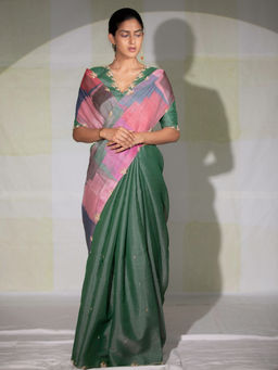 DEEPTHEE - Green Colorblock Hand Embellished Saree with Stitched Blouse