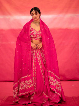 DEEPTHEE - Pink Hand Embroidered Kalli Lehenga with Blouse & Dupatta (Set of 3)