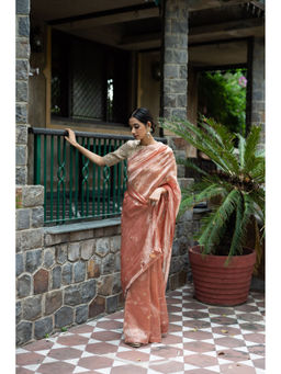 DEEPTHEE - Blush Peach Hand Embellished Tissue Silk Saree with Stitched Blouse