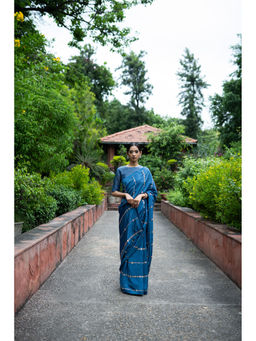 DEEPTHEE - Cobalt Blue Hand Embellished Saree with Stitched Blouse