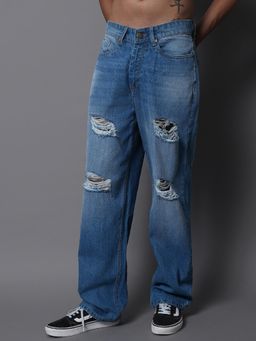 High Star - Men Wide Leg Mid-Rise Highly Distressed Light Fade Cotton Jeans