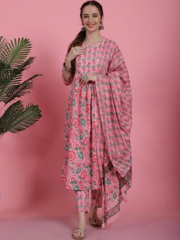 Bhayli - Pink Floral Jaal Print Cotton Kurta with Pant & Dupatta (Set of 3)