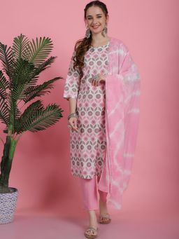 Bhayli - Pink & White Floral Print Cotton Kurta with Pant & Dupatta (Set of 3)