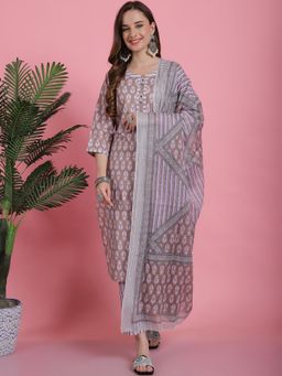 Bhayli - Mauve Floral Print Cotton Kurta with Pant & Dupatta (Set of 3)