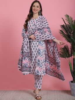 Bhayli - Coral & Blue Floral Jaal Print Cotton Kurta with Pant & Dupatta (Set of 3)