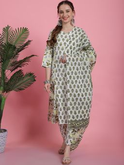 Bhayli - Olive Green Floral Jaal Print Cotton Kurta with Pant & Dupatta (Set of 3)