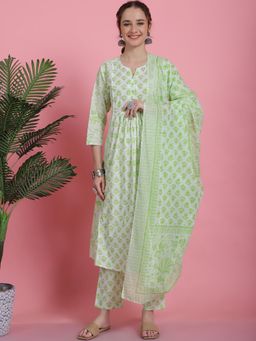 Bhayli - Green & White Floral Jaal Buti Print Cotton Kurta with Pant & Dupatta (Set of 3)