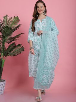 Bhayli - Green & White Floral Jaal Buti Print Cotton Kurta with Pant & Dupatta (Set of 3)