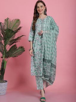 Bhayli - Green Floral Jaal Print Cotton Kurta with Pant & Dupatta (Set of 3)
